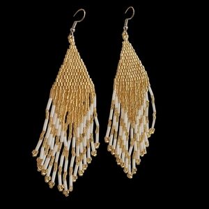 NWT - Gold and White Glass Beaded Earrings